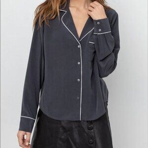 Rails 100% Silk Charcoal Amara Button-Up White Trim Shirt